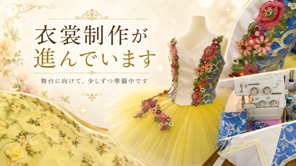 舞台衣裳制作の様子。黄色いチュチュや刺繍装飾など、制作途中の衣裳。